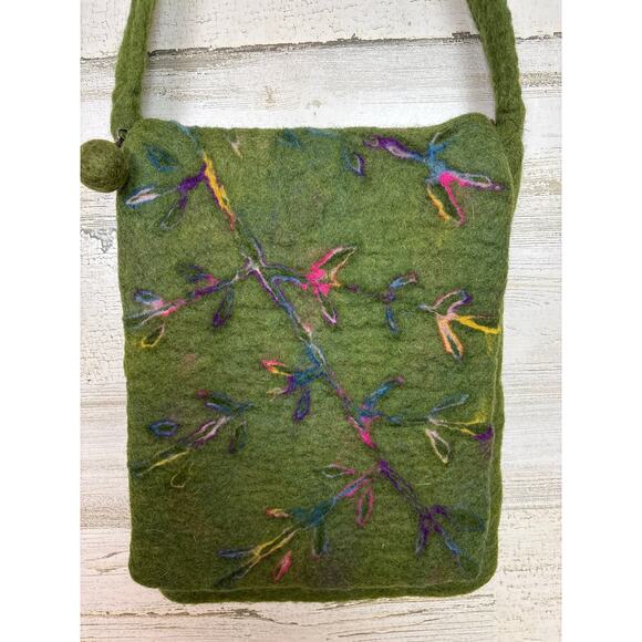 Unbranded Women’s Green Felt Floral Boho Crossbody Bag Purse Zip New